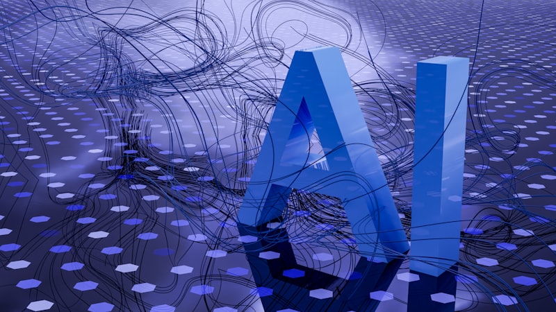 Blue 3D AI lettering with hexagon pattern representing artificial intelligence and automation